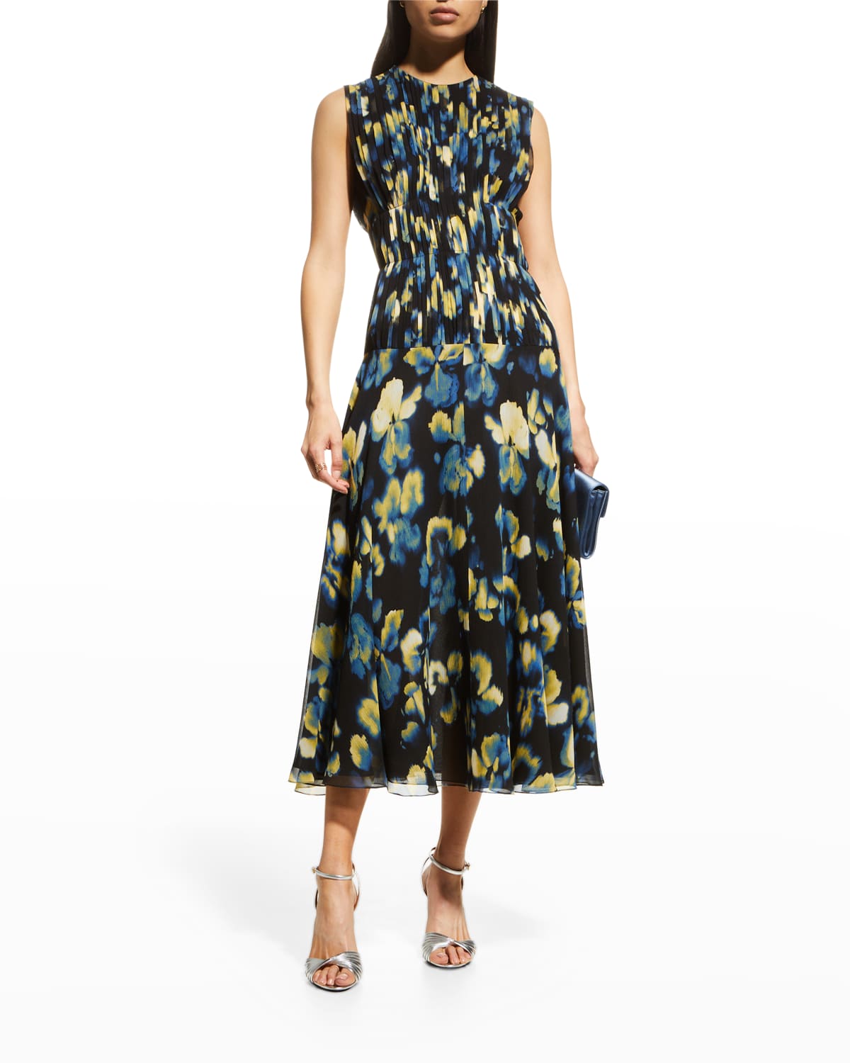 Jason Wu Collection Blur Iris Floral Pleated Chiffon Midi Dress In Black/yellow