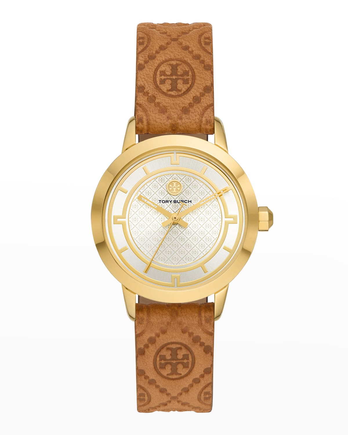 Tory Burch The Tory Gold-tone Stainless Steel Watch With Luggage Leather Strap In Silver/brown