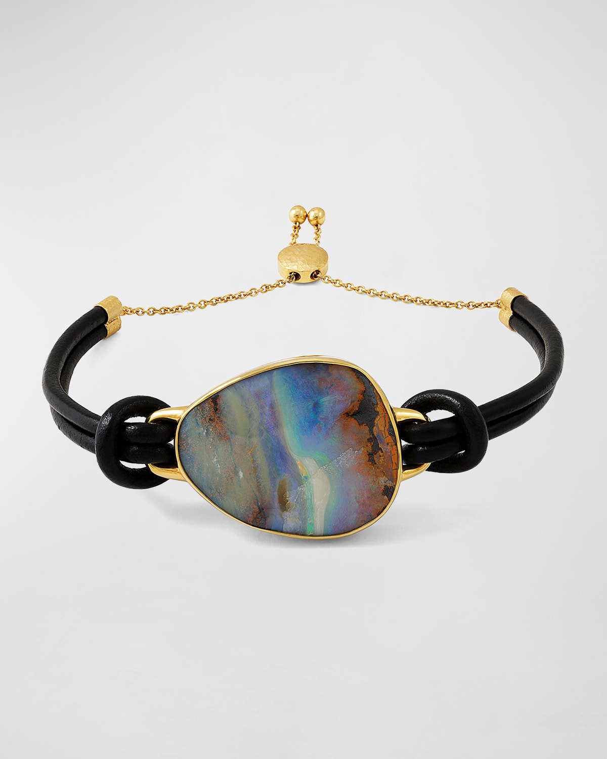 Unisex 18K Yellow Gold Opal Leather Bracelet