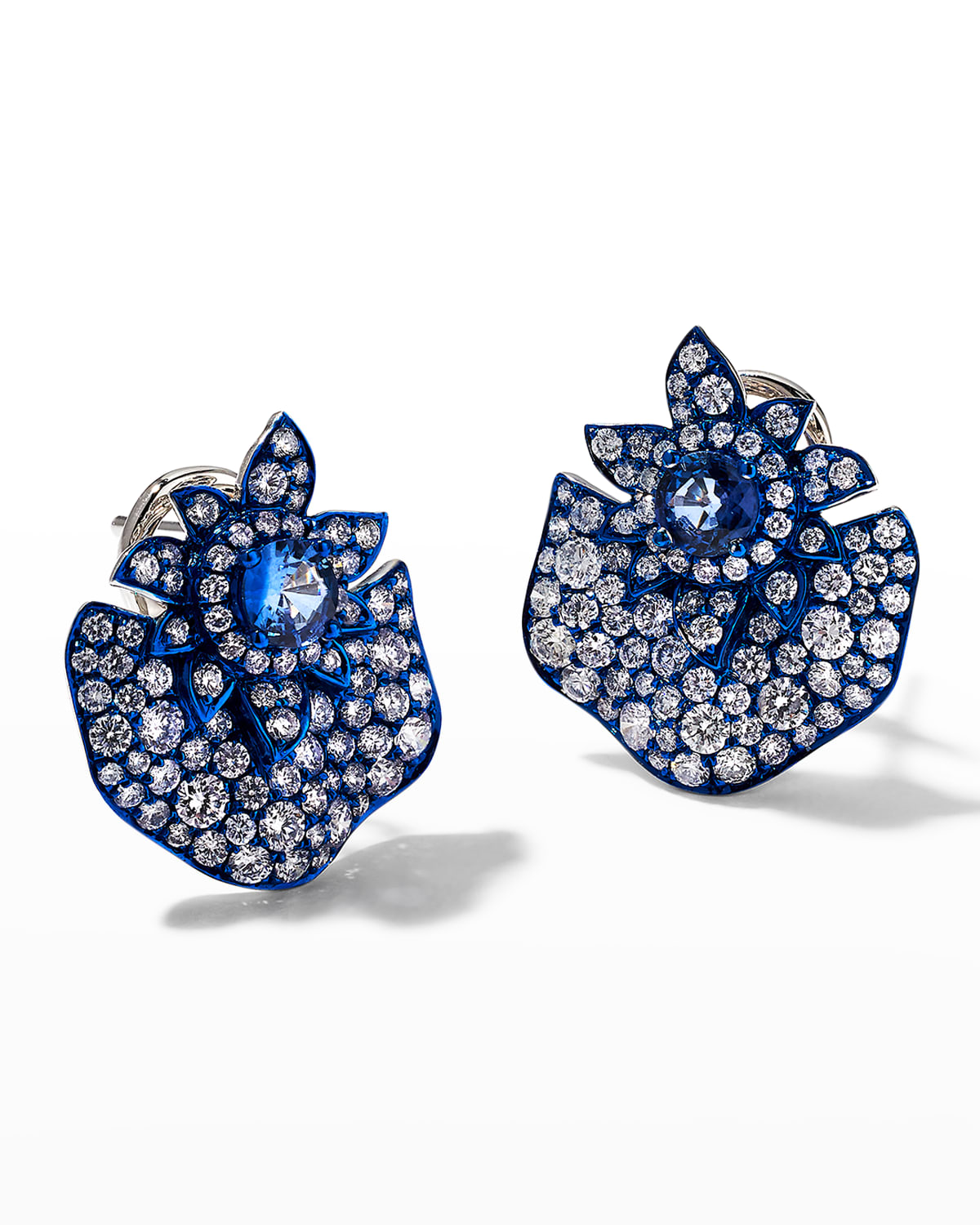 Blue Rhodium, Blue Sapphire and Diamond Folha Earrings