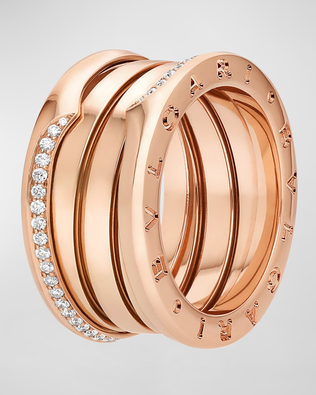 B.Zero1 18K Rose Gold 3-Band Wave Ring with Diamonds, Size 51