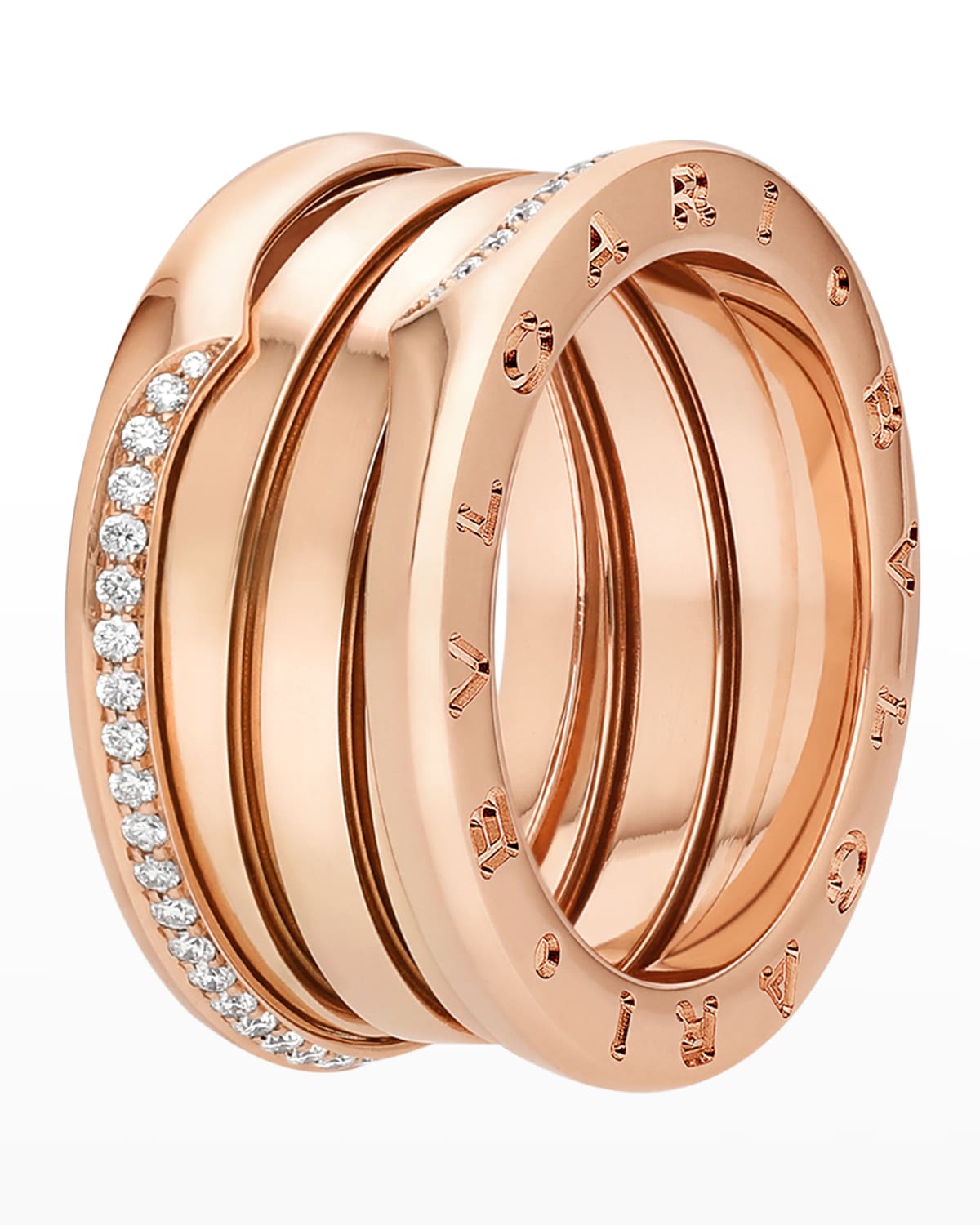 B.Zero1 18K Rose Gold 3-Band Wave Ring with Diamonds, Size 57
