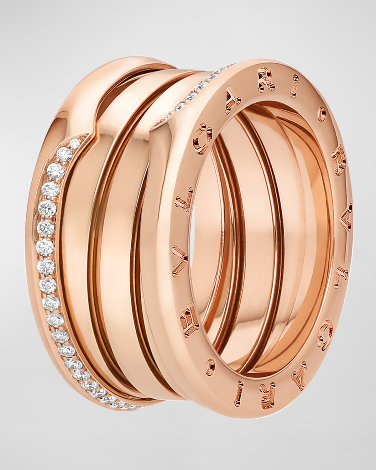B.Zero1 18K Rose Gold 3-Band Wave Ring with Diamonds, Size 52