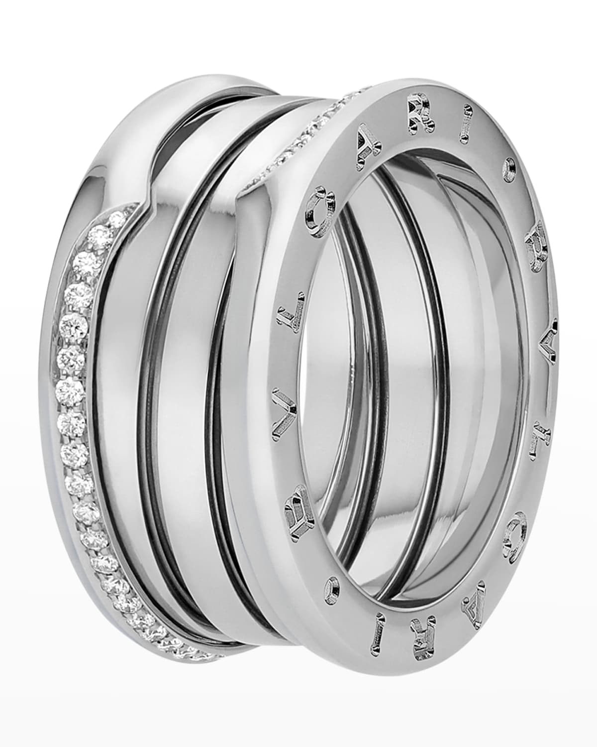 B.Zero1 White Gold 3-Band Wave Ring with Diamonds, Size 55