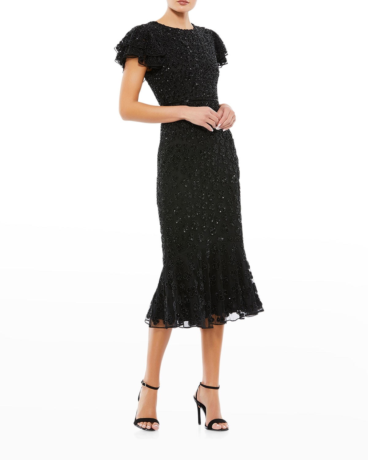 Mac Duggal Beaded Ruffle Sleeve Midi Cocktail Dress In Black