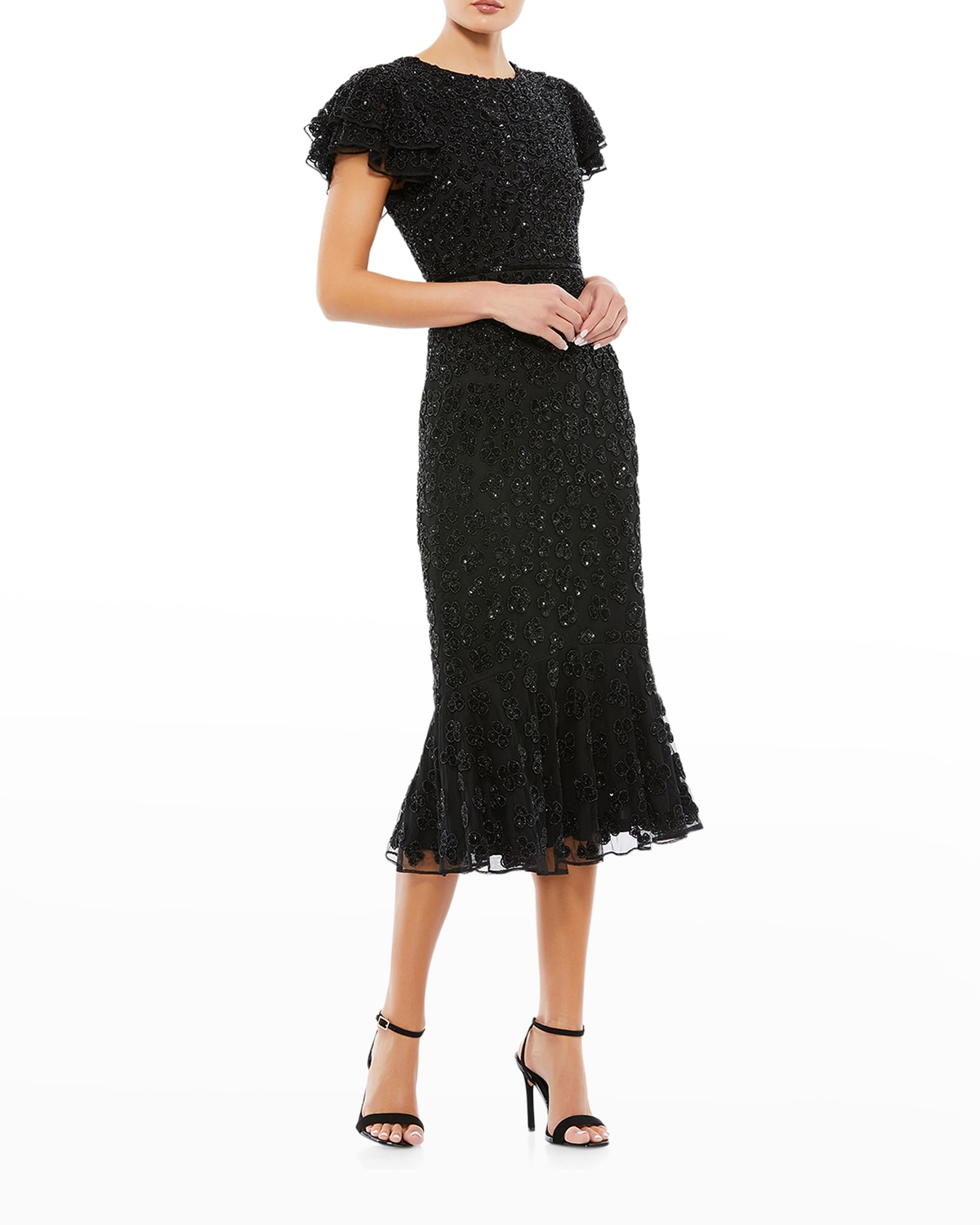 MAC DUGGAL FLUTTER-SLEEVE BEADED SEQUIN MIDI DRESS