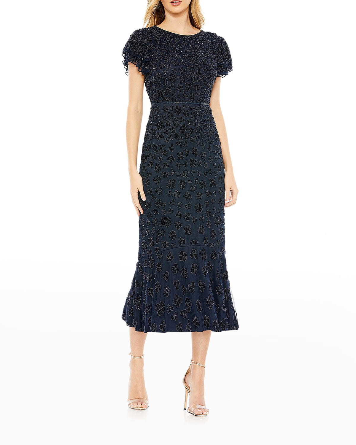 Mac Duggal Beaded Ruffle Sleeve Midi Cocktail Dress In Midnight
