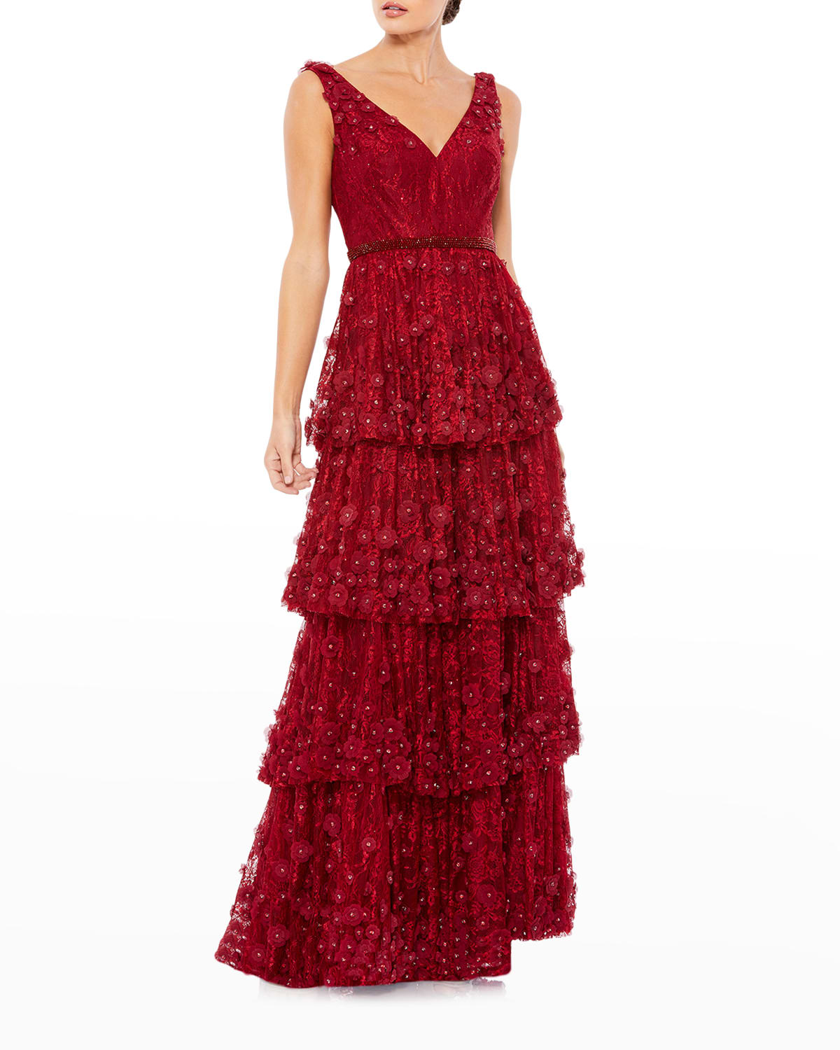 Mac Duggal Floral Applique Ruffled Tiered Sleeveless V Neck Gown In Burgundy