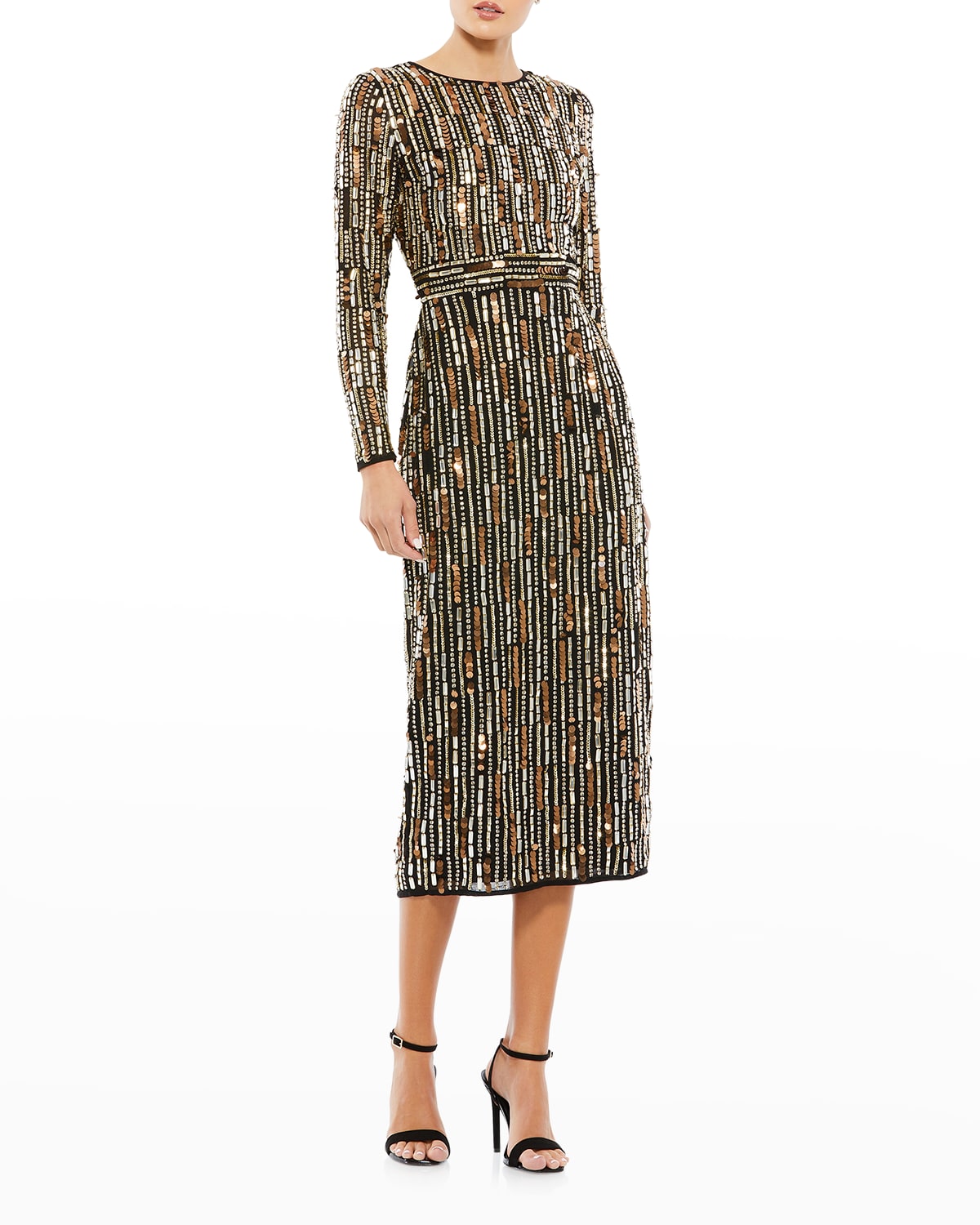 Mac Duggal Paillette Embellished Long Sleeve Midi Dress In Black Gold |  ModeSens