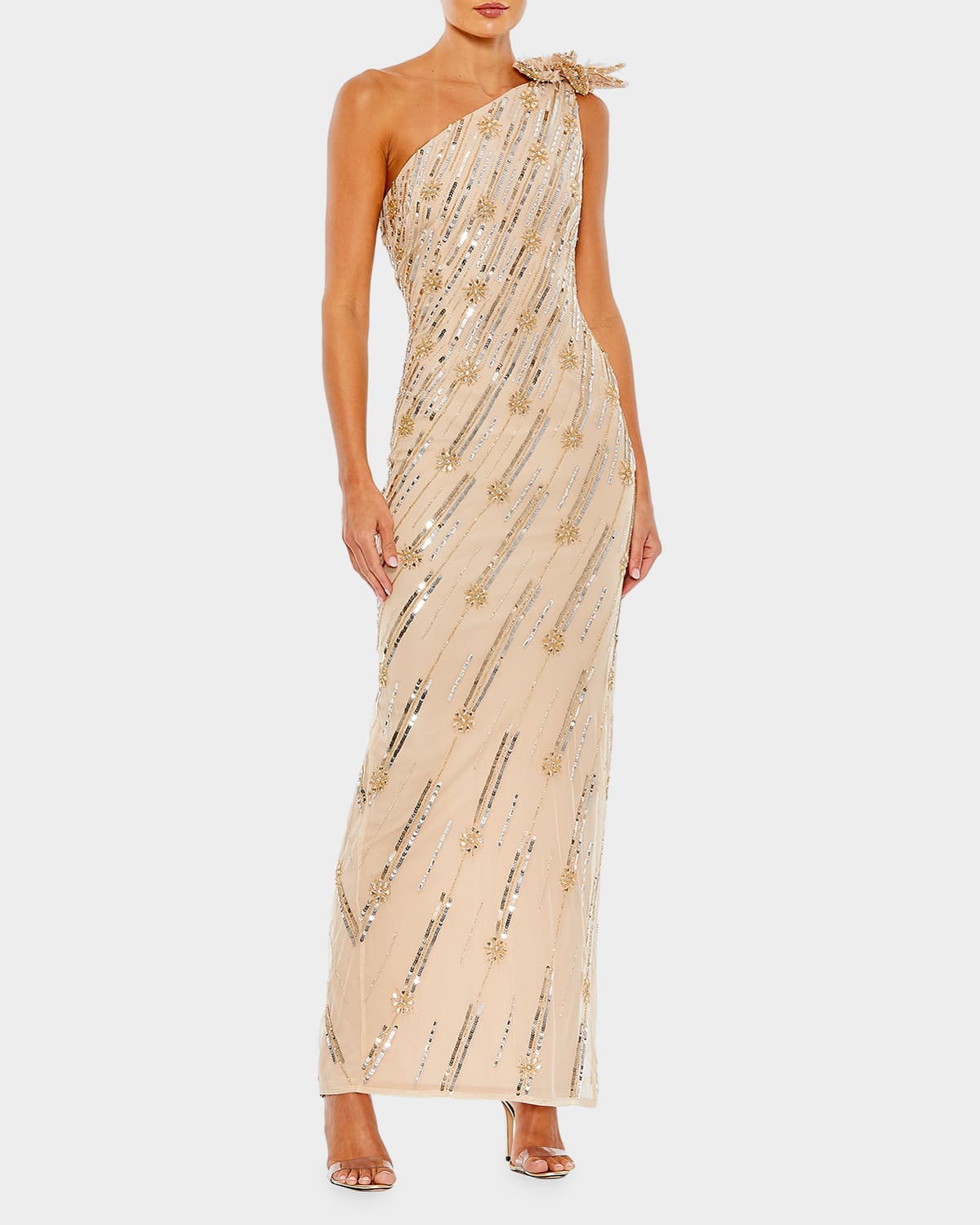 Mac Duggal Beaded One-shoulder Gown W/ 3d Flower In Nude/gold