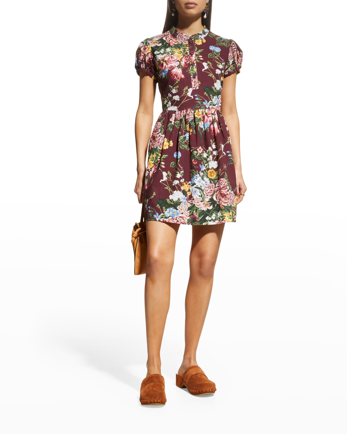SEE BY CHLOÉ FLORAL PUFFED-SLEEVE PLEATED MINI DRESS