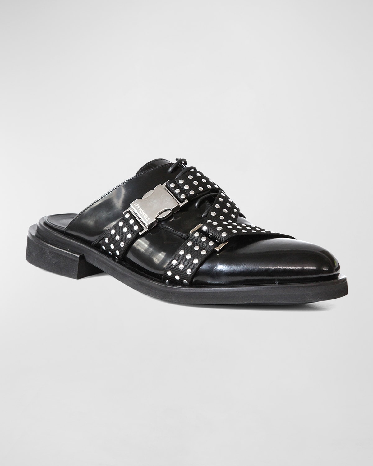 Les Hommes Men's Leather Studded Strap Mule Loafers In Black