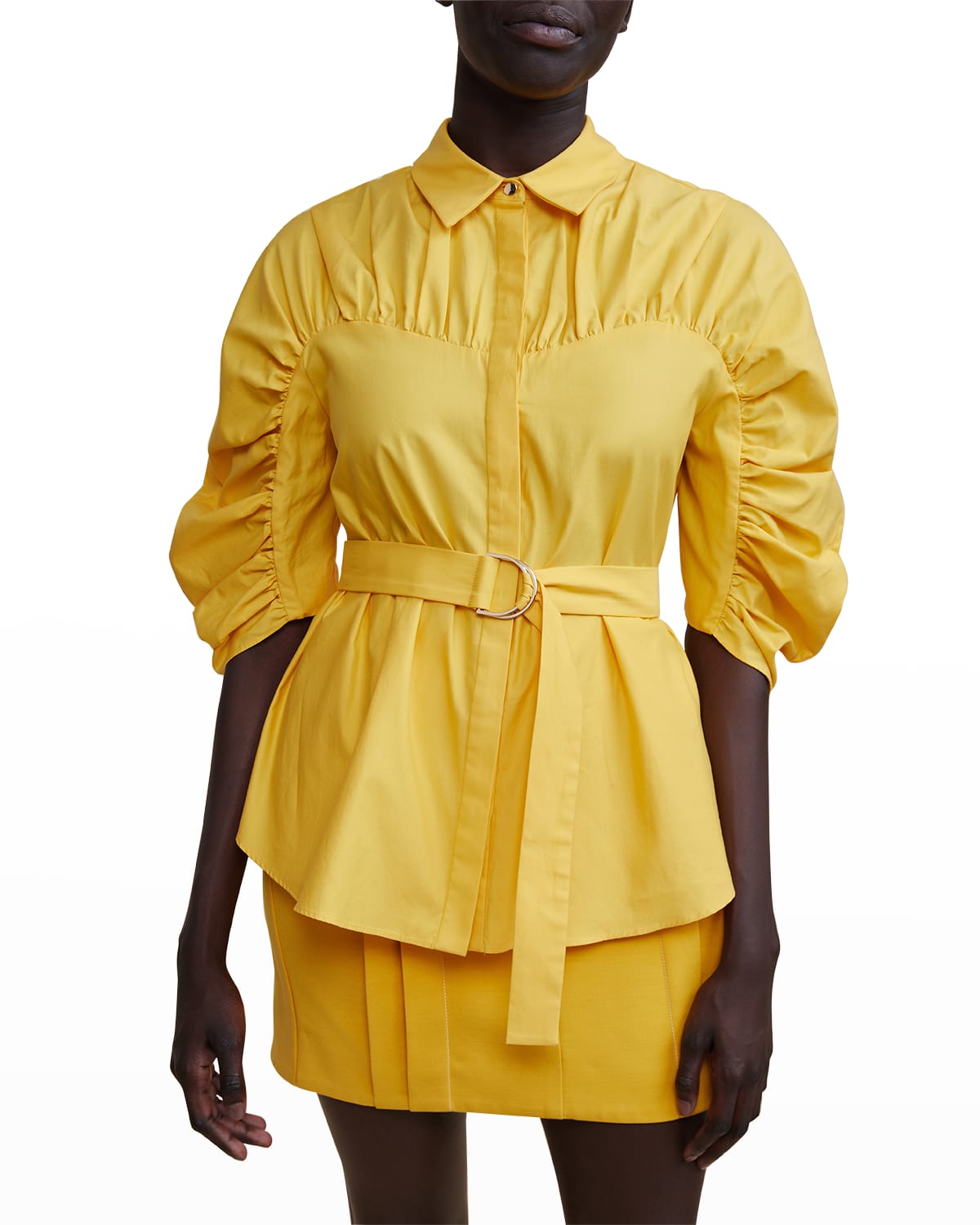 Acler Bonhill Belted Ruched Button-front Shirt In Mango