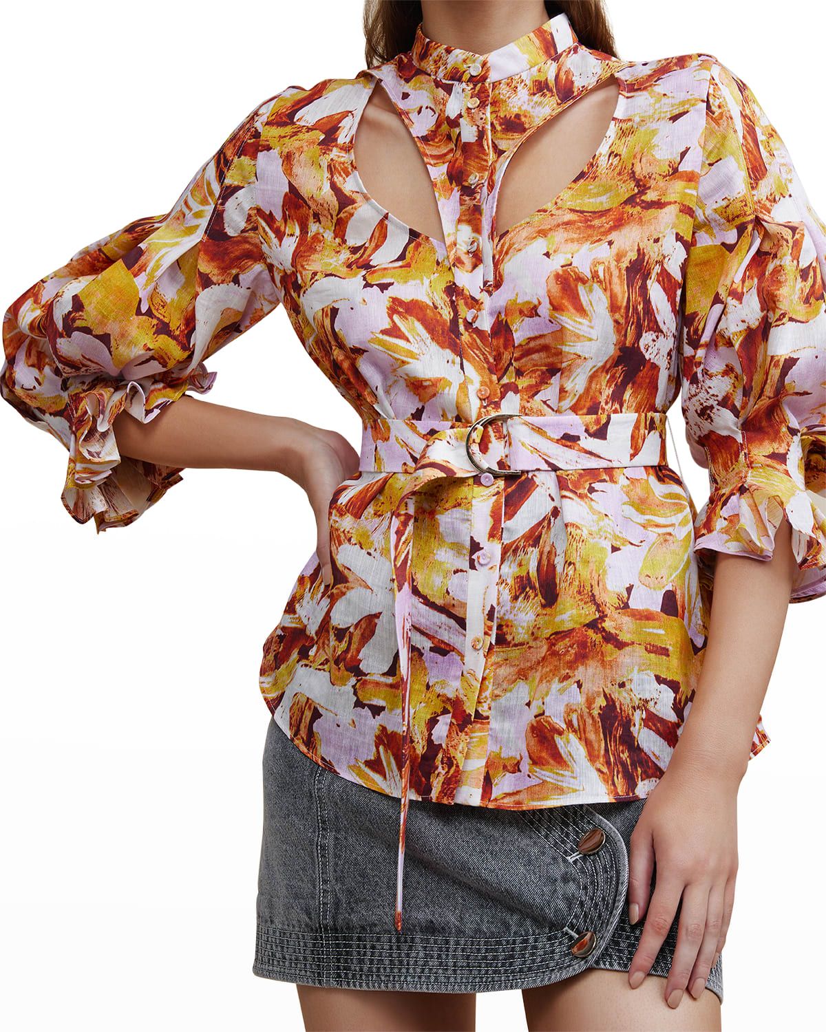 Acler Watson Belted Floral Cutout Shirt In Lilac Brush