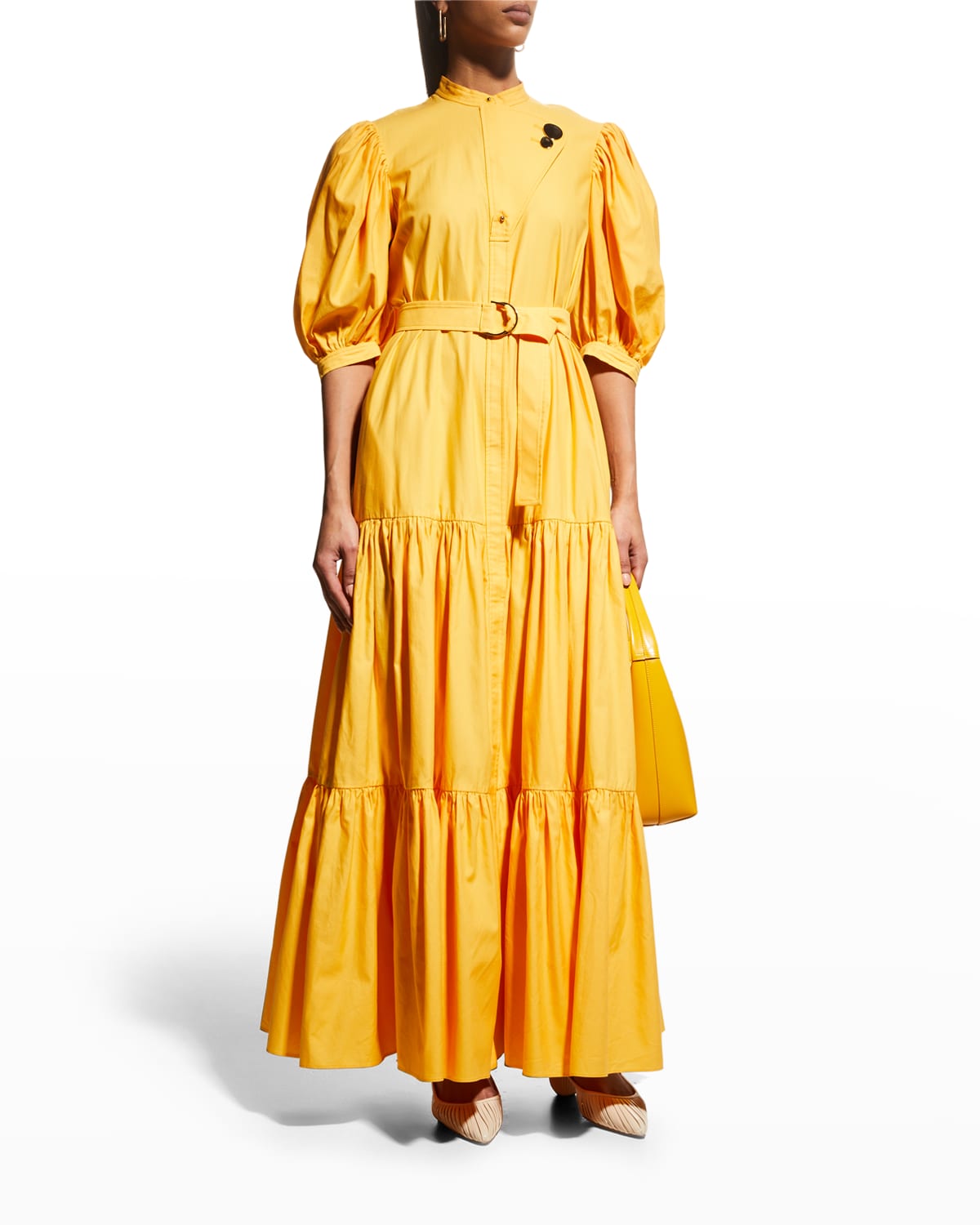 Acler Columbia Puff-sleeve Tiered Belted Shirtdress In Mango