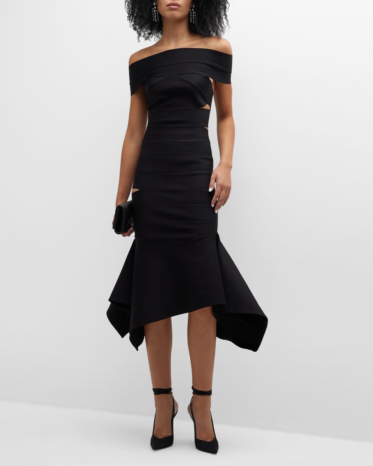 Alexandre Vauthier Off-the-shoulder Cutout Fit-&-flare Bandage Midi Dress In Black