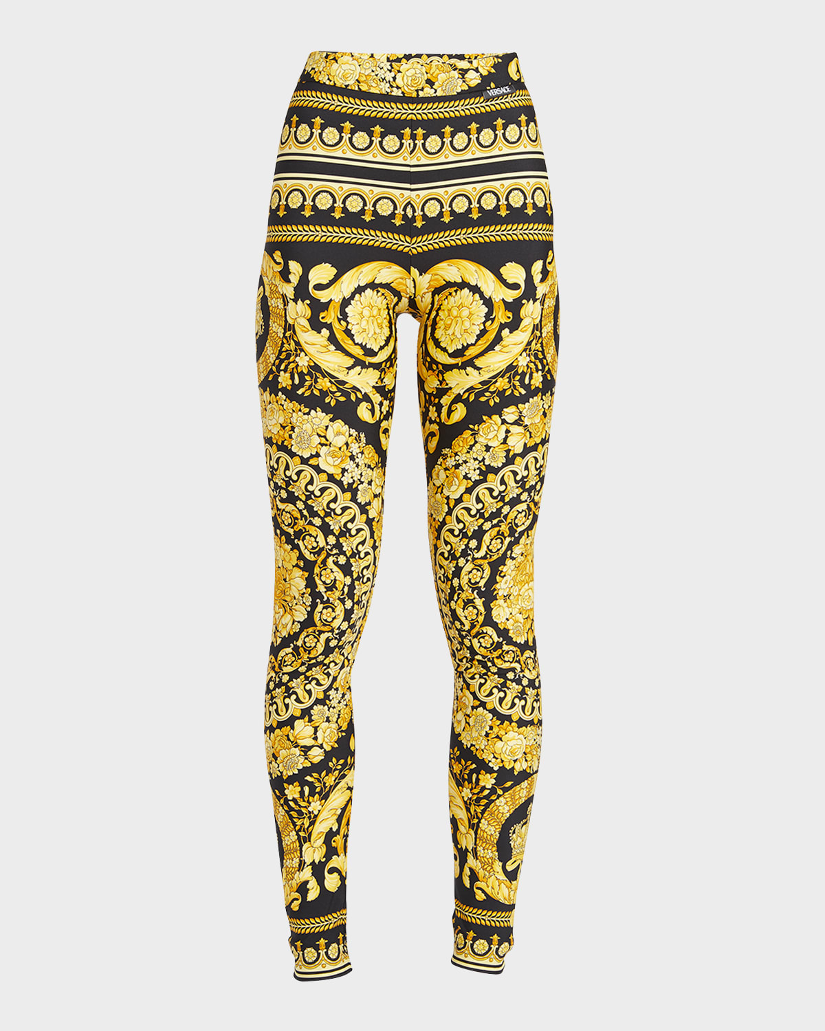 Versace Gold And Black Stretch Fabric Leggings With Baroque Heriatge Print In Black / Gold