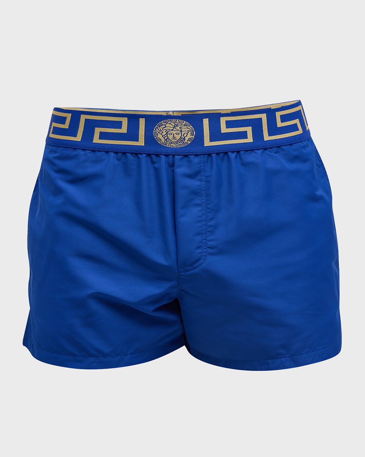 Versace Logo Embroidered Swim Shorts In Bluette-gold
