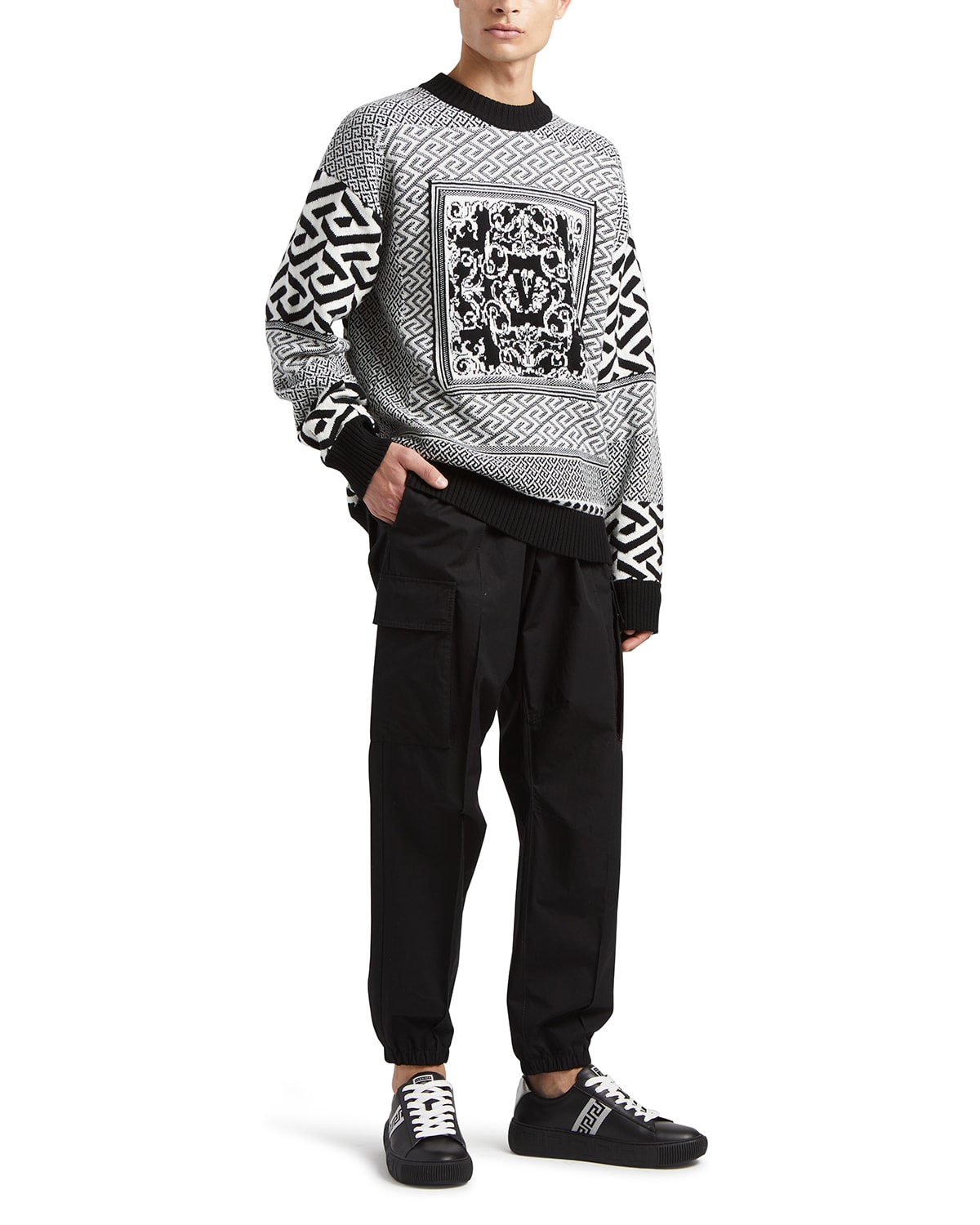 Versace Men's Silver Baroque, Fuchsia And Tawny Informal Cotton Poplin Pants In Black