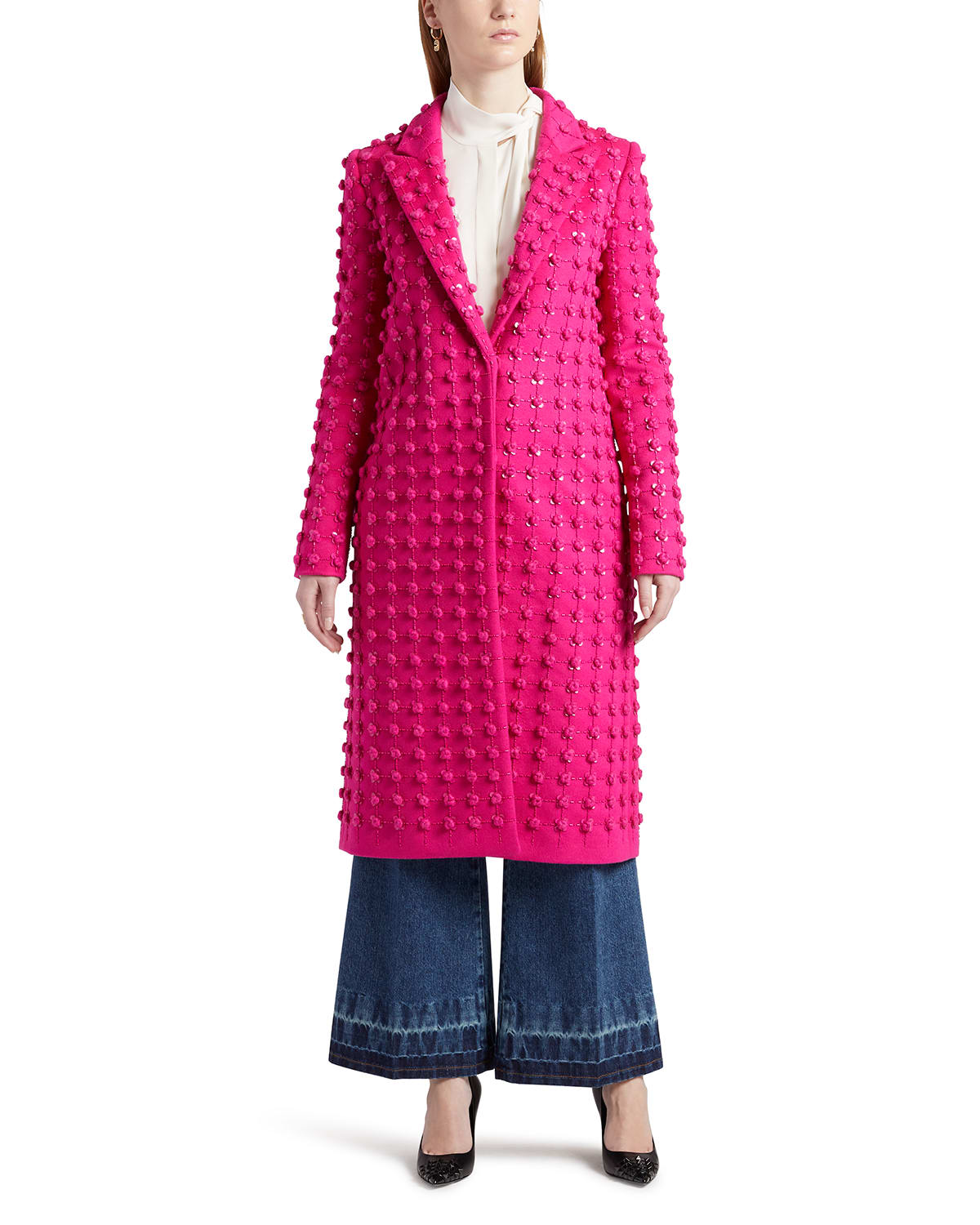 Beaded Dot Embroidery Wool-Cashmere Coat