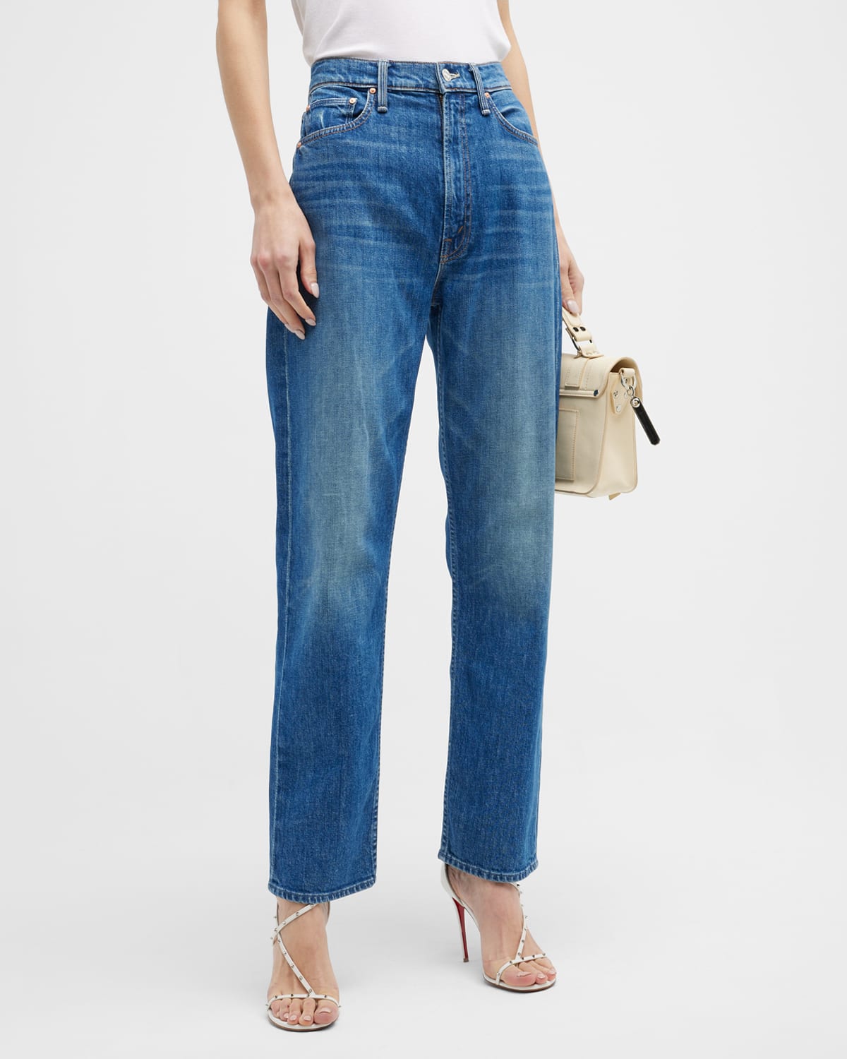 Mother The High Waisted Study Hover Distressed Straight Ankle Jeans In Perfect Drug