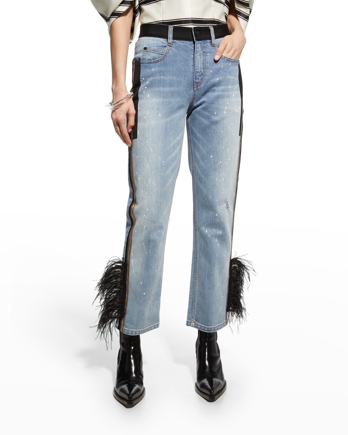 Hellessy Clovis Side-Stripe Straight-Leg Ankle Jeans w/ Feather Trim