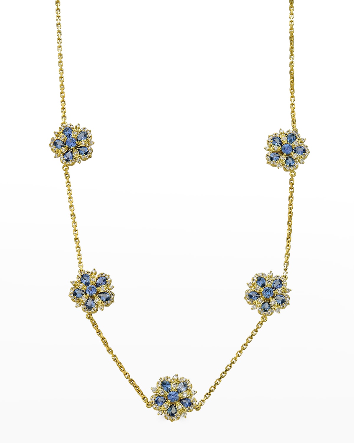 Yellow Gold Jasmine Bloom Ceylon Sapphire and White Diamond Necklace