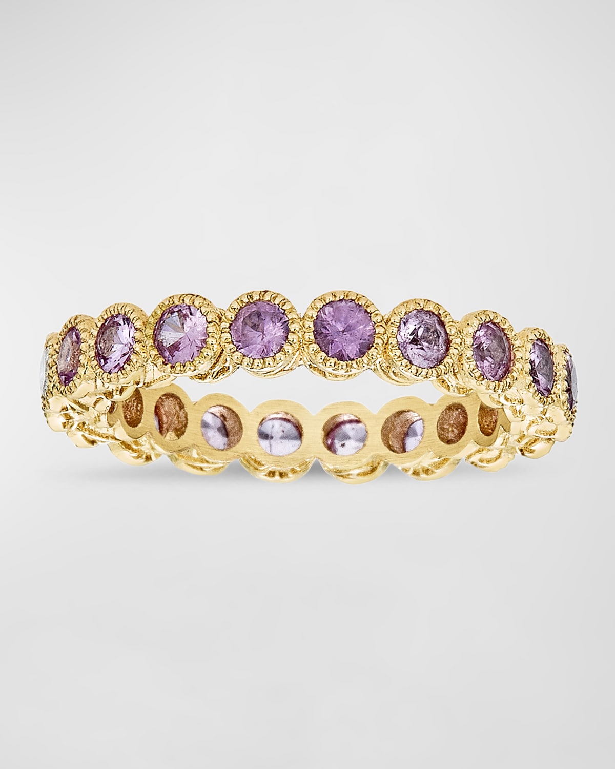 18K Yellow Gold Modern Etruscan Pink Sapphire Stack Ring, Size 6.5