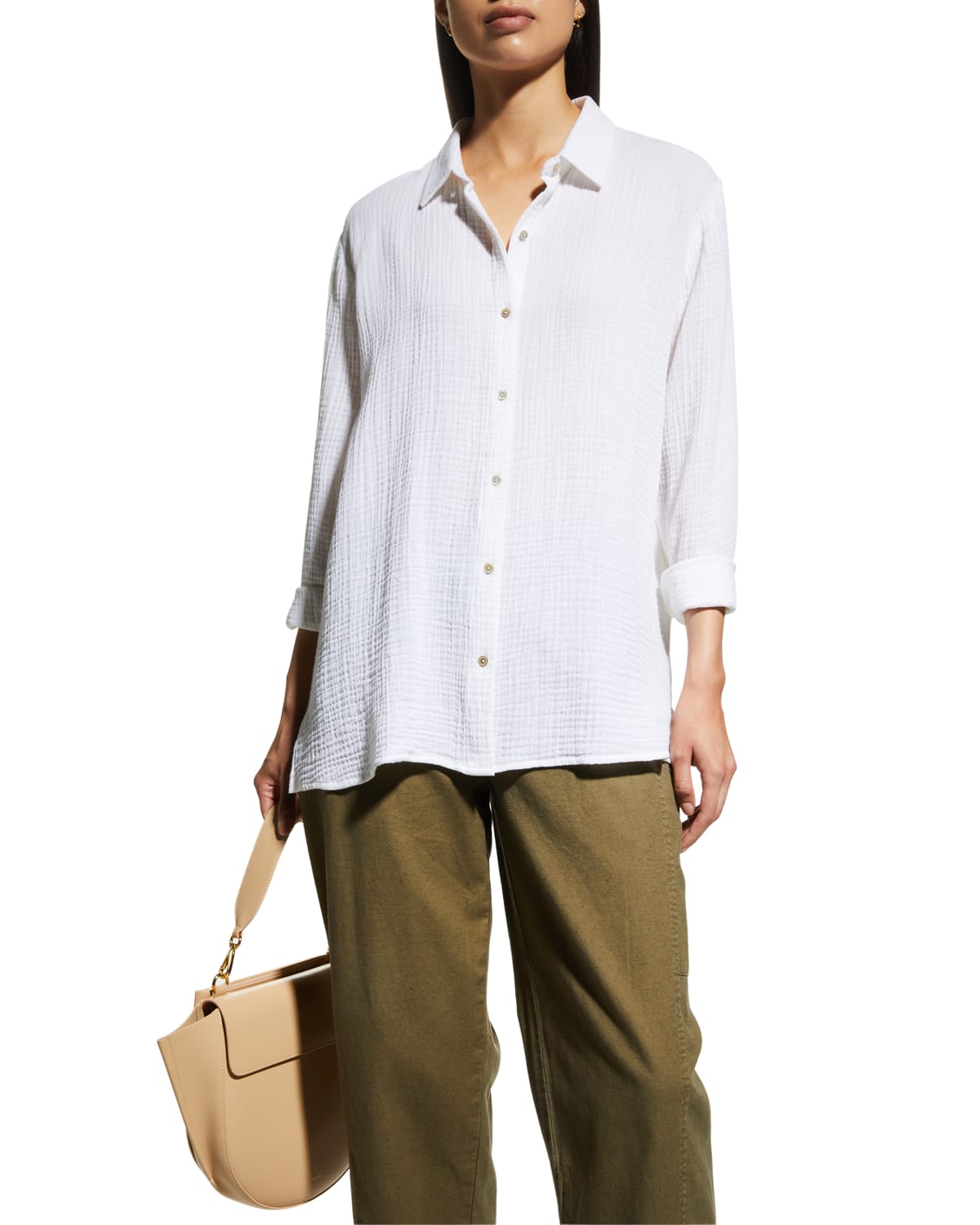 Eileen Fisher Woven Button-down Linen Shirt In White