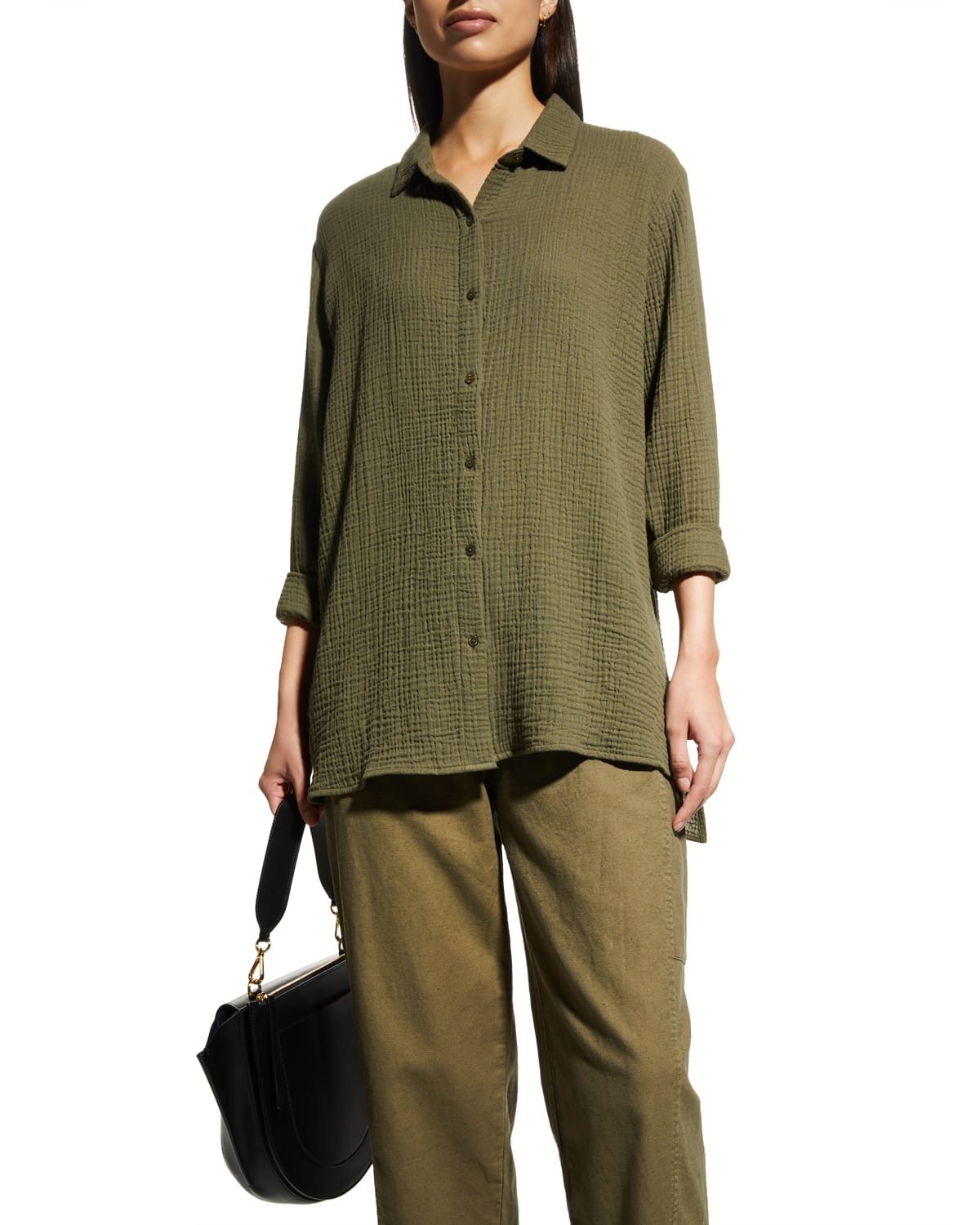 Eileen Fisher Woven Button-down Linen Shirt In Olive