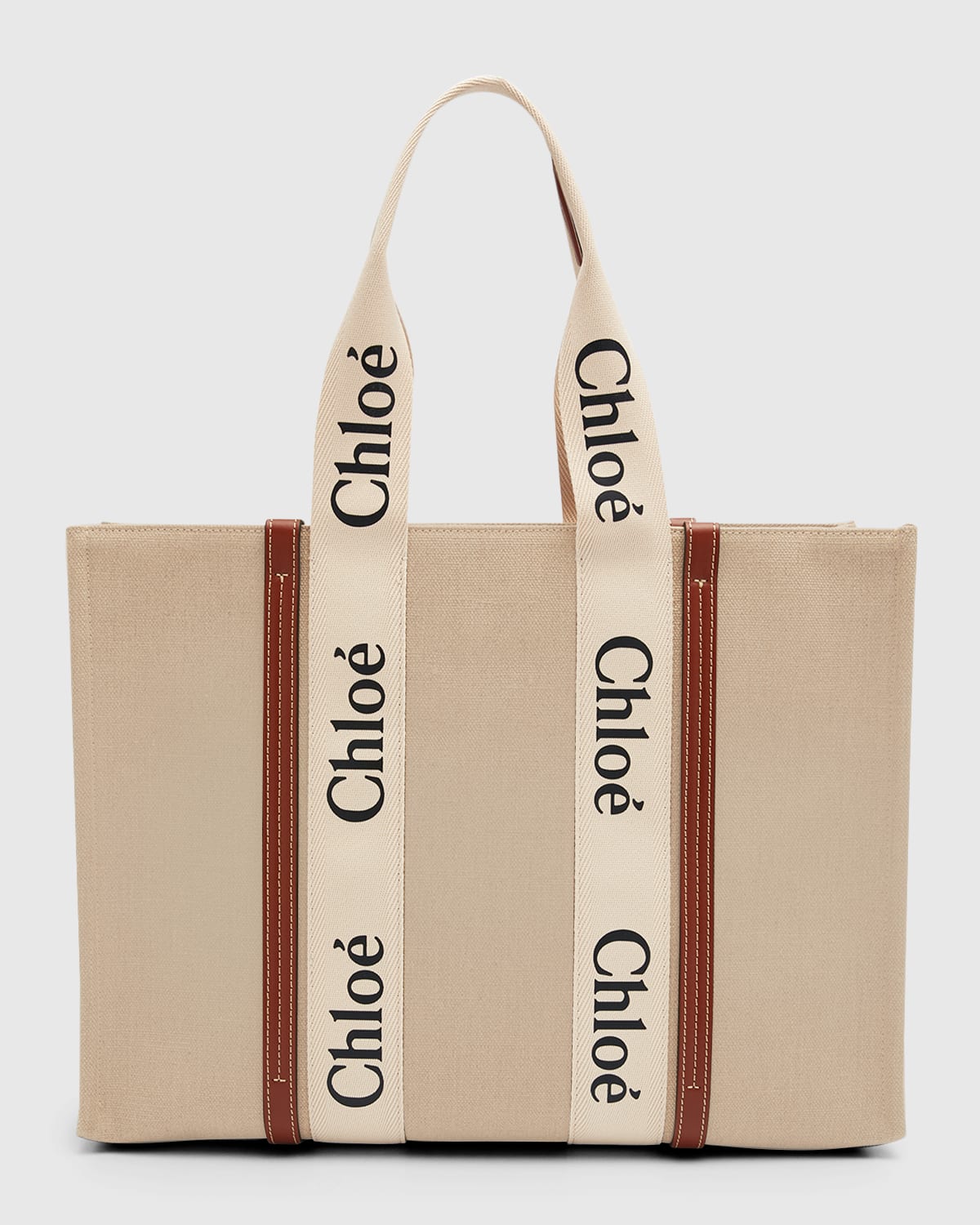 Chloé Woody Large Linen Tote Bag In White/brown