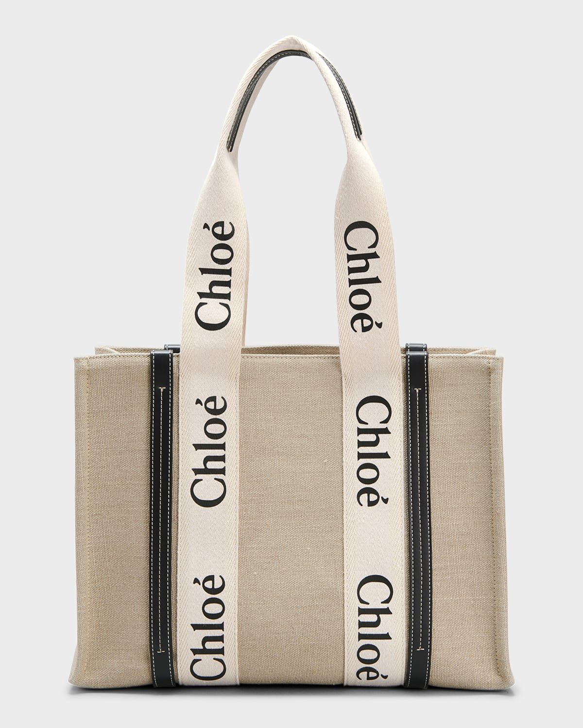 Chloé Woody Medium Linen Leather Tote Bag In White/blue