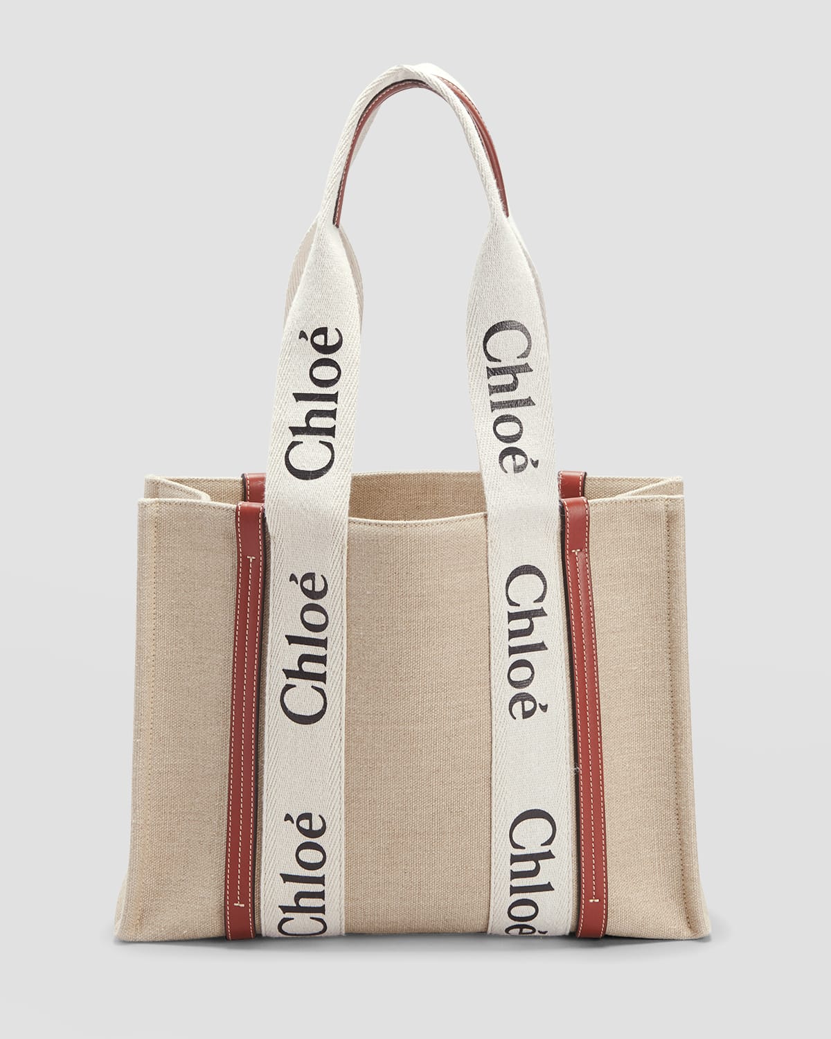 Shop Chloé Woody Medium Tote Bag In Linen In White/brown