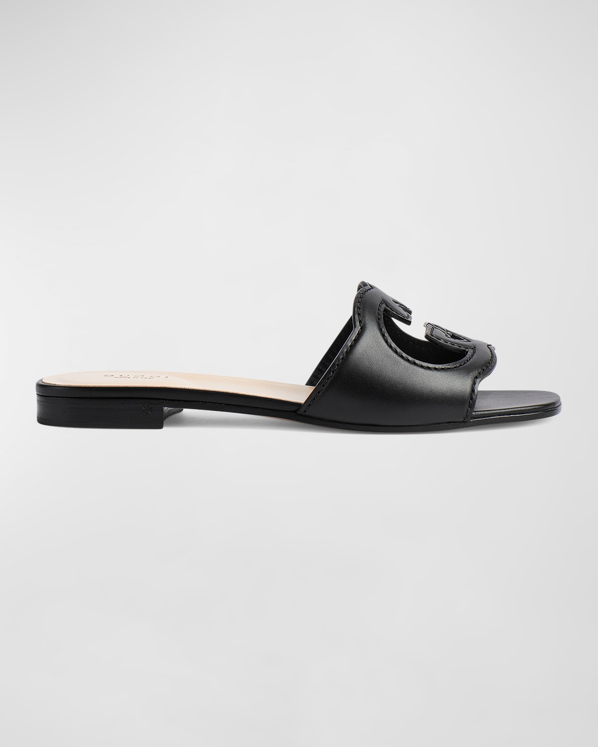 Shop Gucci Leather Logo Cutout Flat Sandals In Black