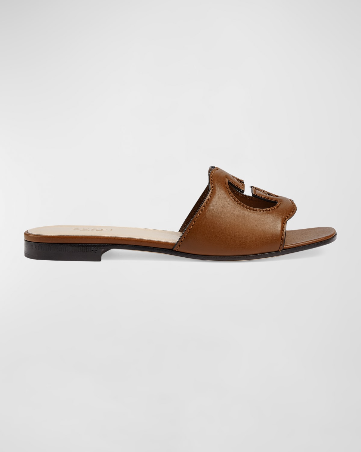 Shop Gucci Leather Logo Cutout Flat Sandals In Cuir