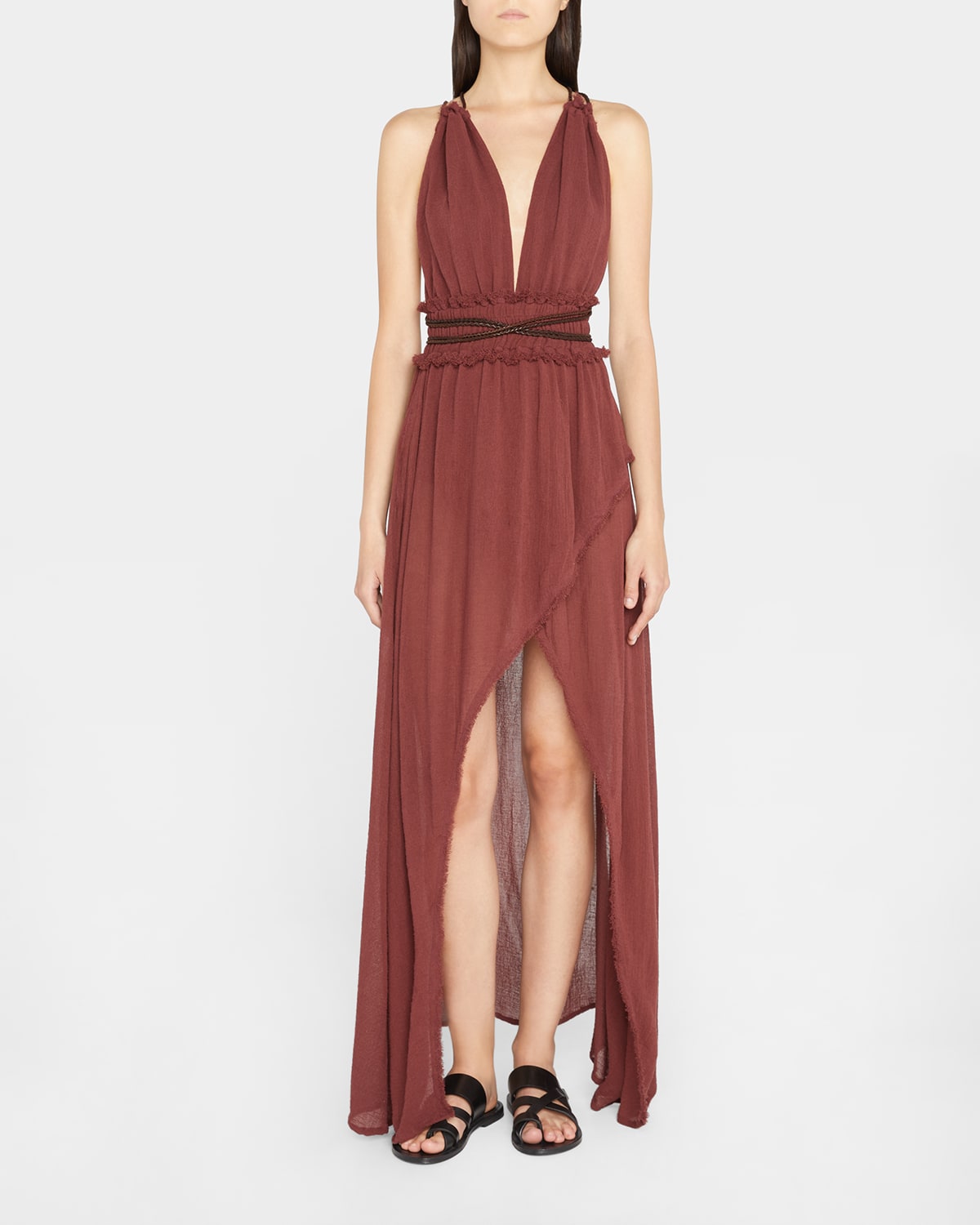 CARAVANA Alak Plunging V-Neck Maxi Dress with Calf Leather Accents