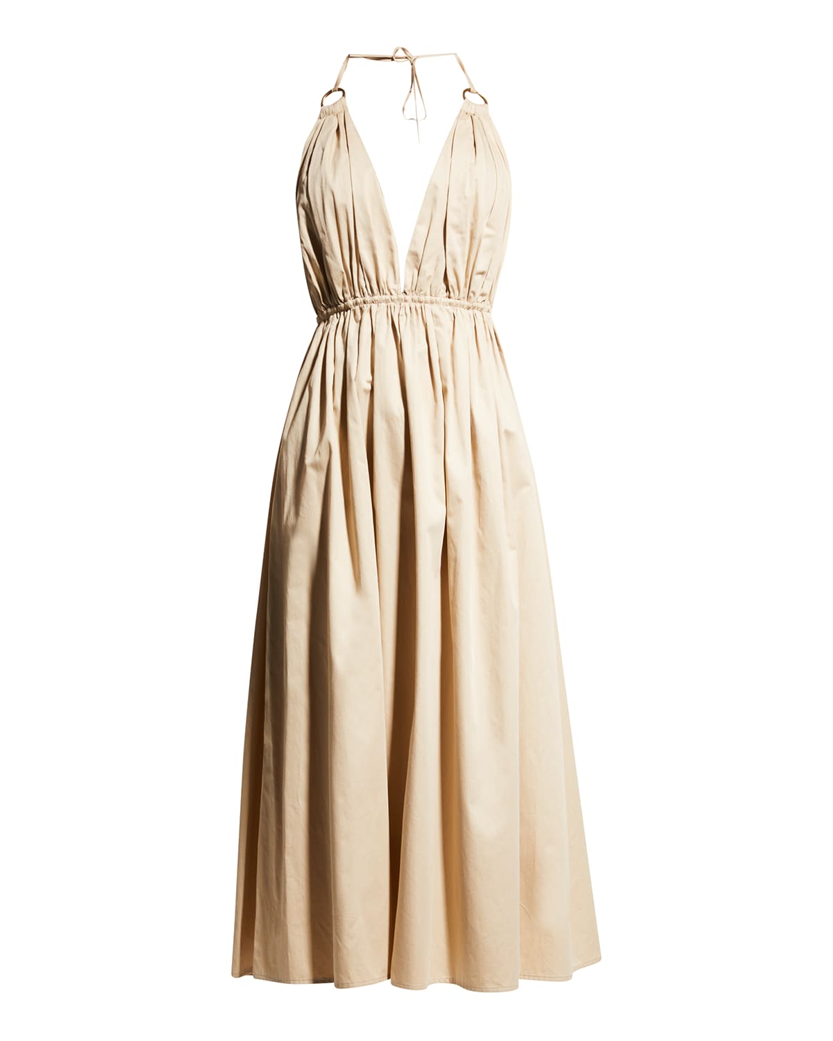 Zeynep Arcay Helen Plunging Halter Cotton Midi Dress In Camel