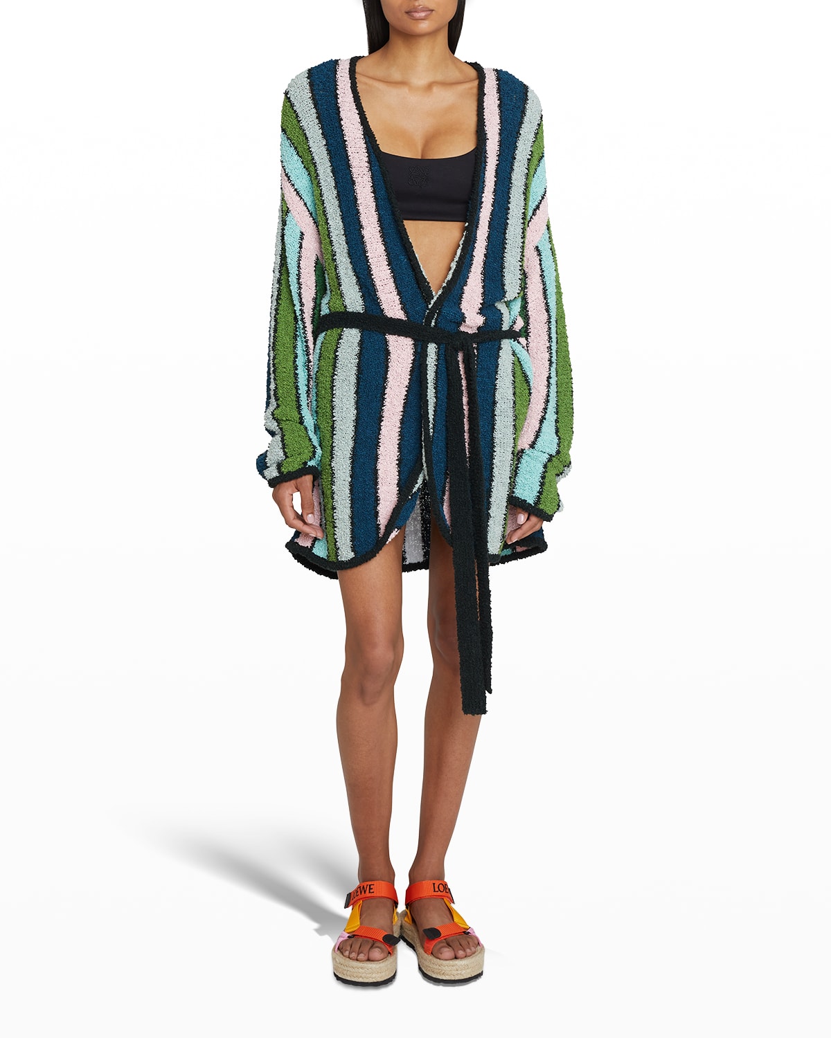 Loewe + Paula's Ibiza Belted Striped Cotton-blend Bouclé Cardigan In Green Mult