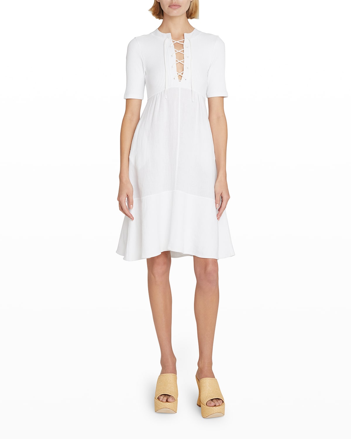 Loewe + Paula's Ibiza Lace-up Ribbed Linen-blend And Stretch-cotton Mini Dress In Optic Whit