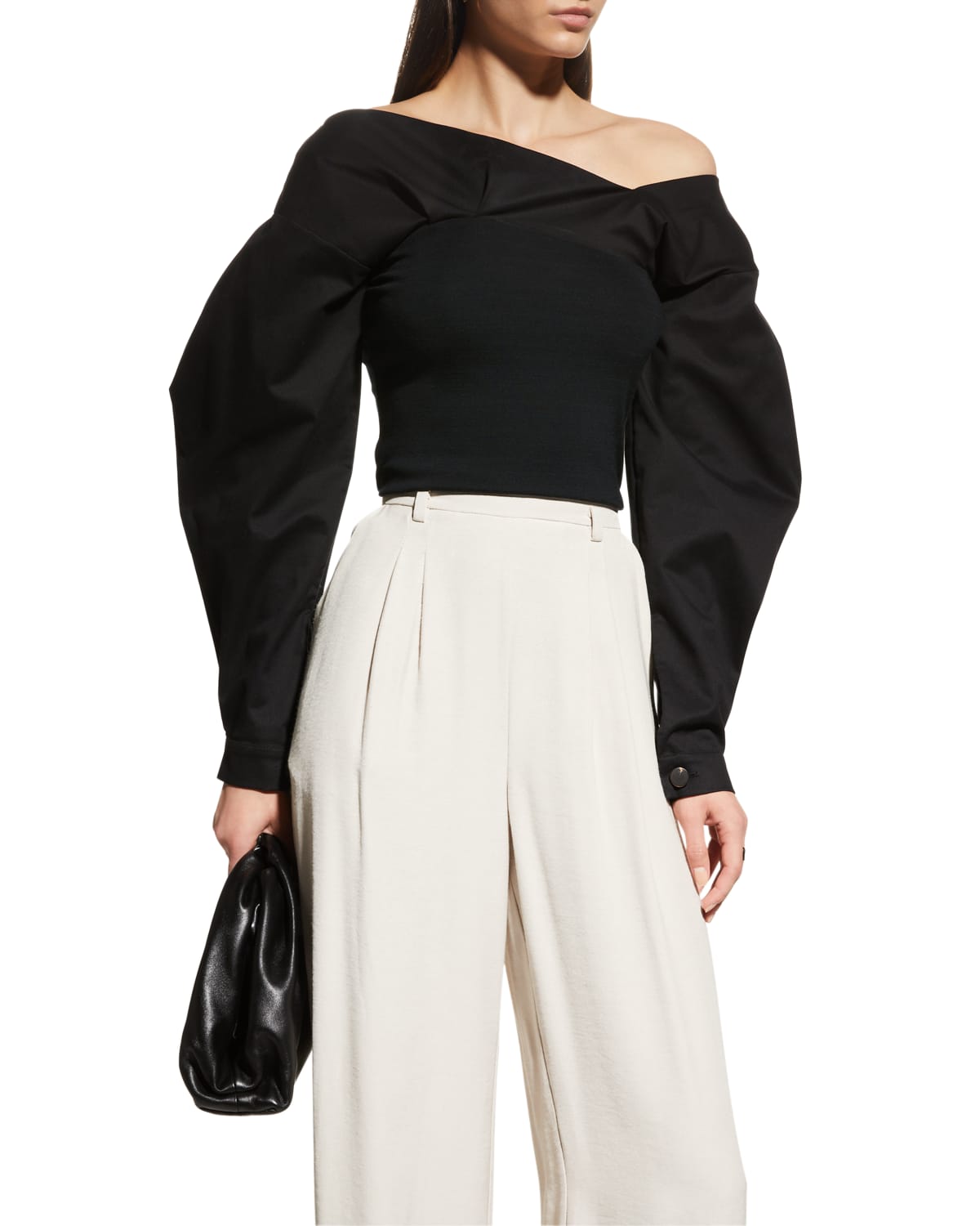 Aaizél Asymmetric Off-the-shoulder Puffed-sleeve Top In Black