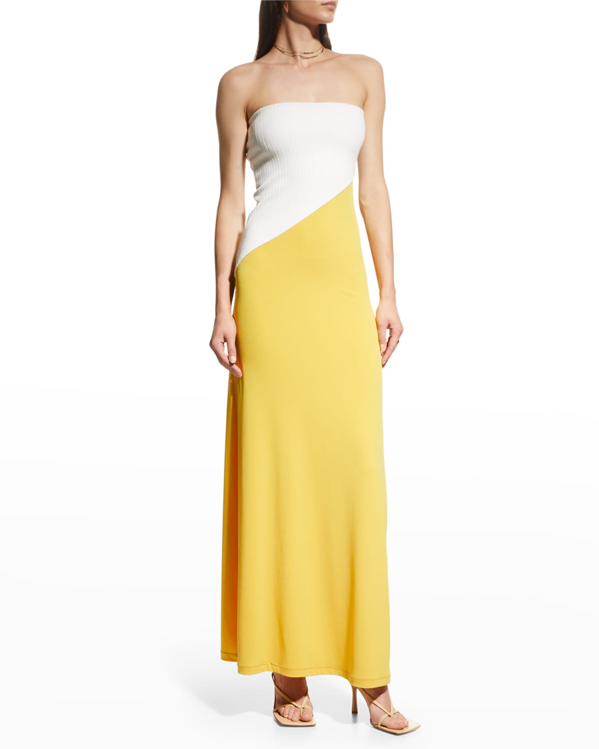 Aaizl Two-toned Strapless Asymmetric Maxi Dress In White / Yellow |  ModeSens