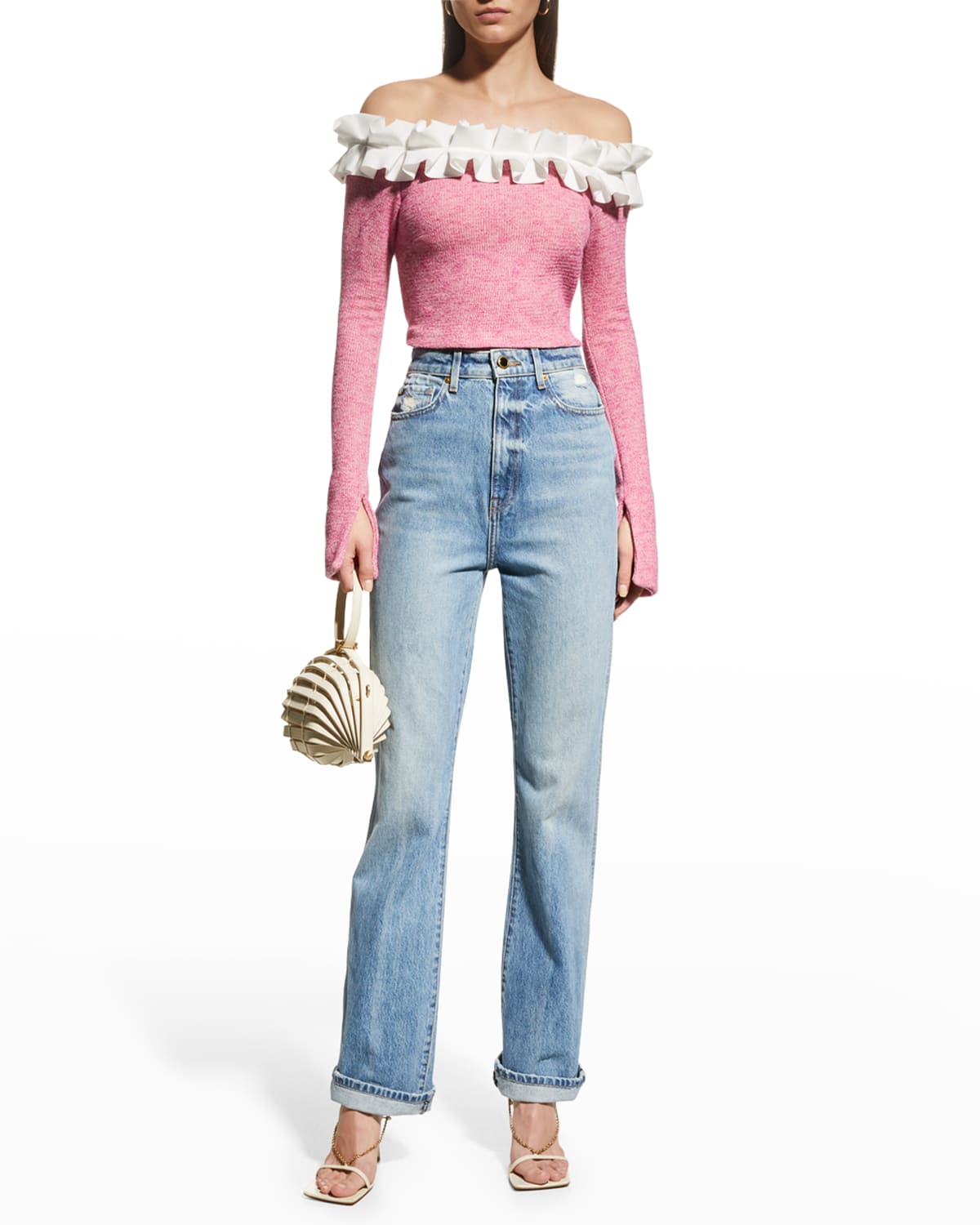 Aaizél Off-the-shoulder Pleated Cropped Sweater In White / Pink