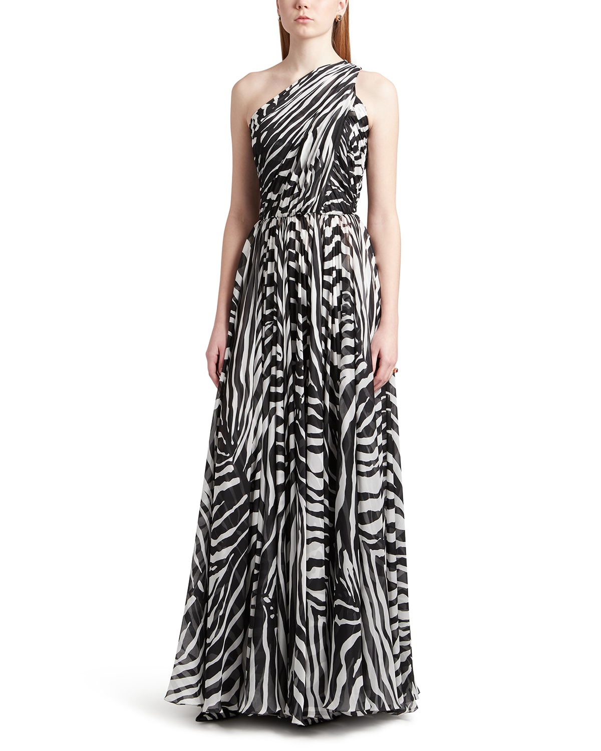 Dolce & Gabbana One-shoulder Zebra Print Silk Chiffon Gown In Natural White