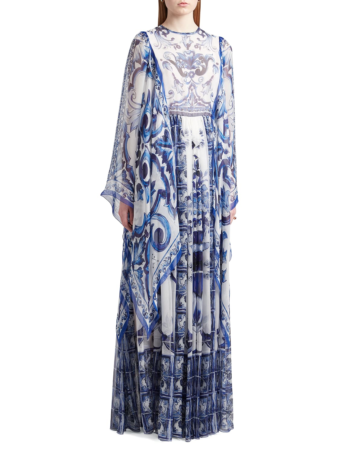 Dolce & Gabbana Tile-print Silk Chiffon Maxi Dress In Natural White