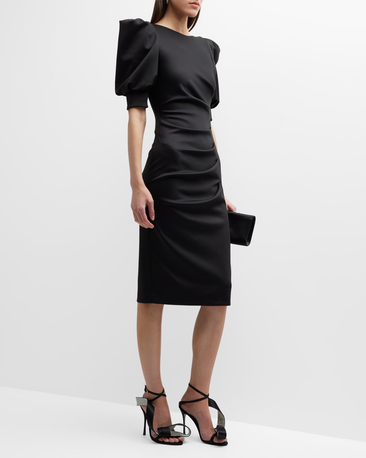 Shop Black Halo Zella Ruched Puff-sleeve Sheath Dress In Black