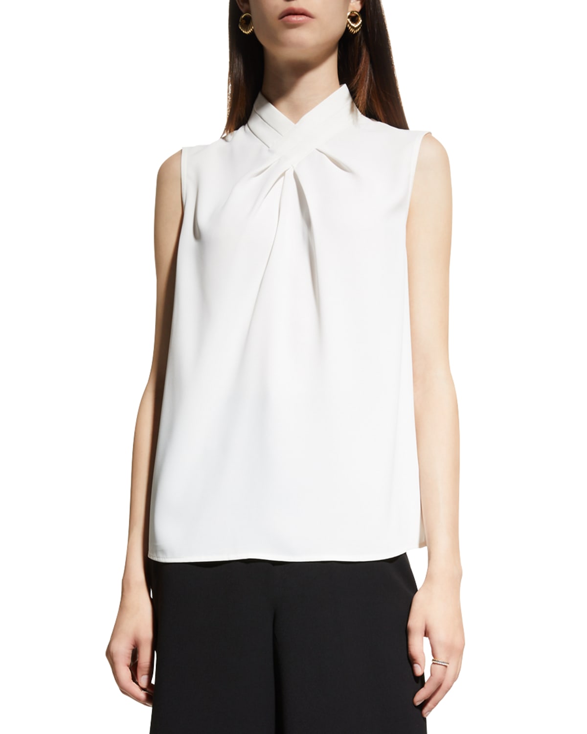 Shop Misook Sleeveless Pleated Crossover Blouse In White