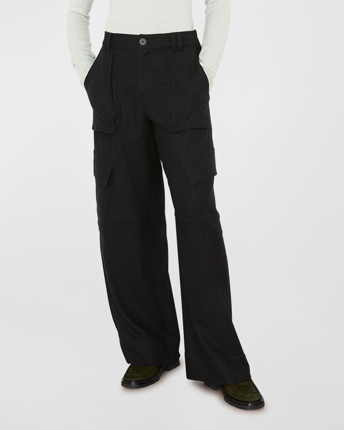 Vince Flannel Wide Leg Raver Wool-blend Pant In Black