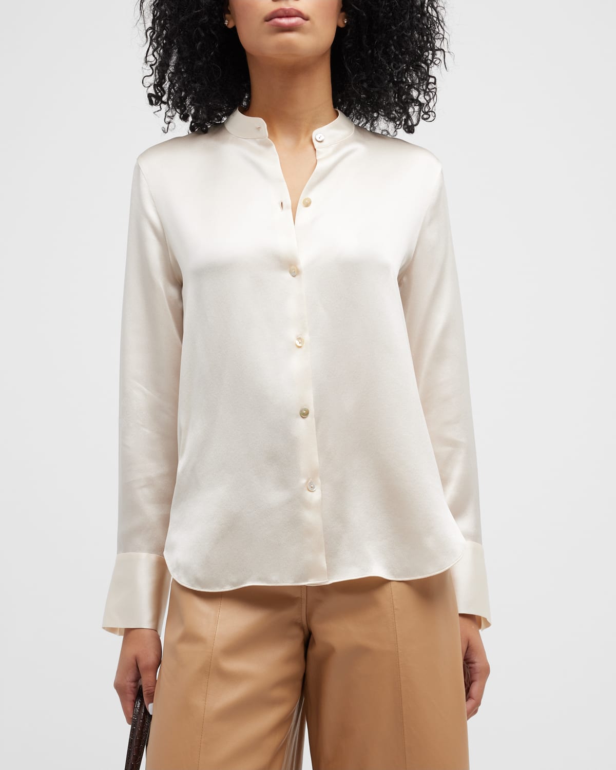 Vince Band-Collar Slim-Fit Silk Blouse