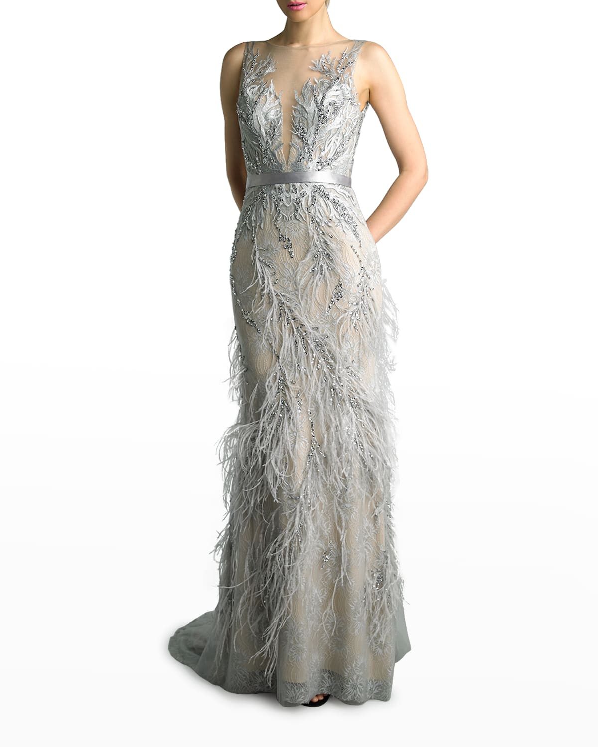 Basix Feathered Lace Deep V-neck Gown In Silver