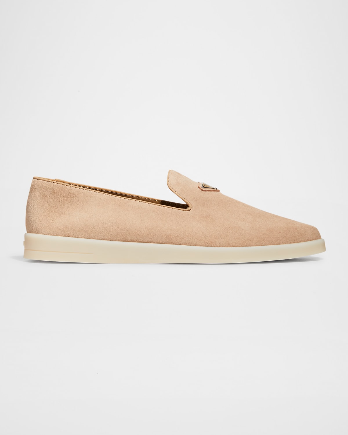 Prada Men's Triangle Logo Suede Loafers In Beige